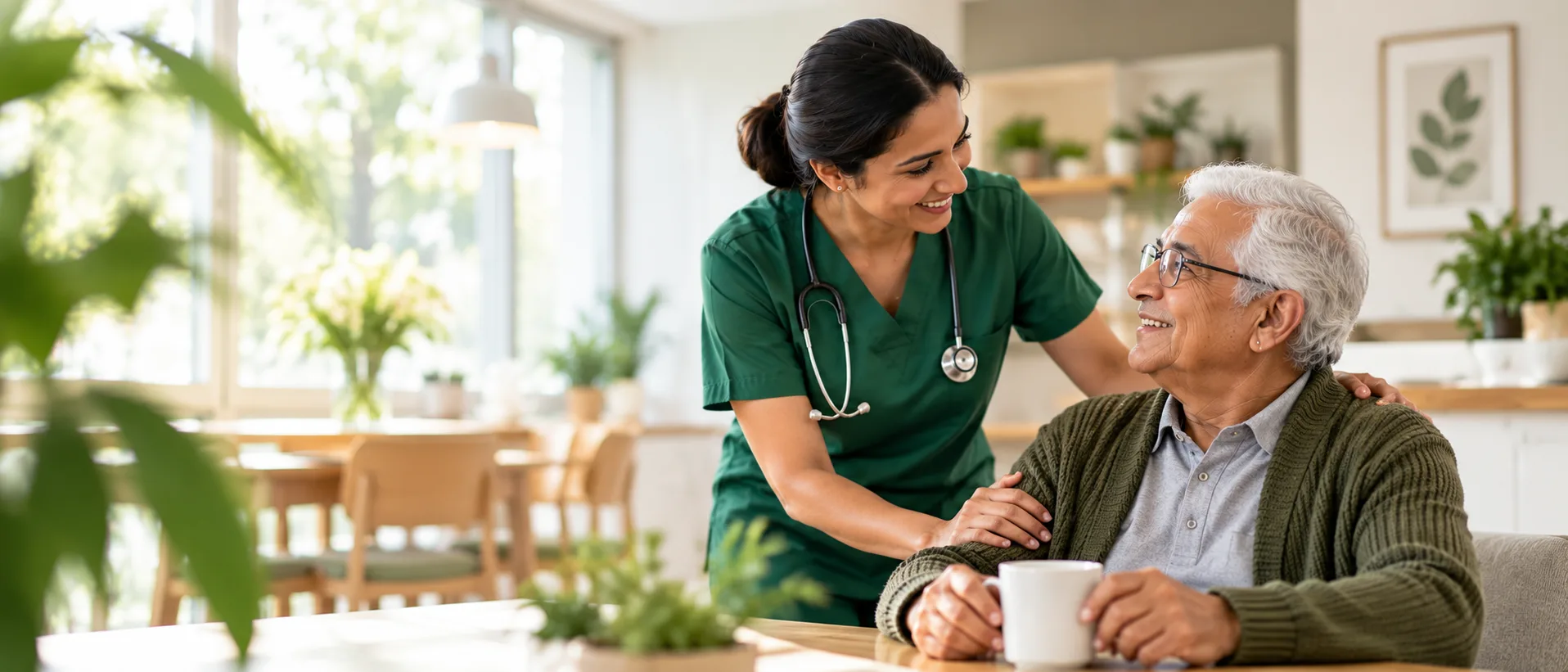 A caregiver offering compassionate support to an older adult